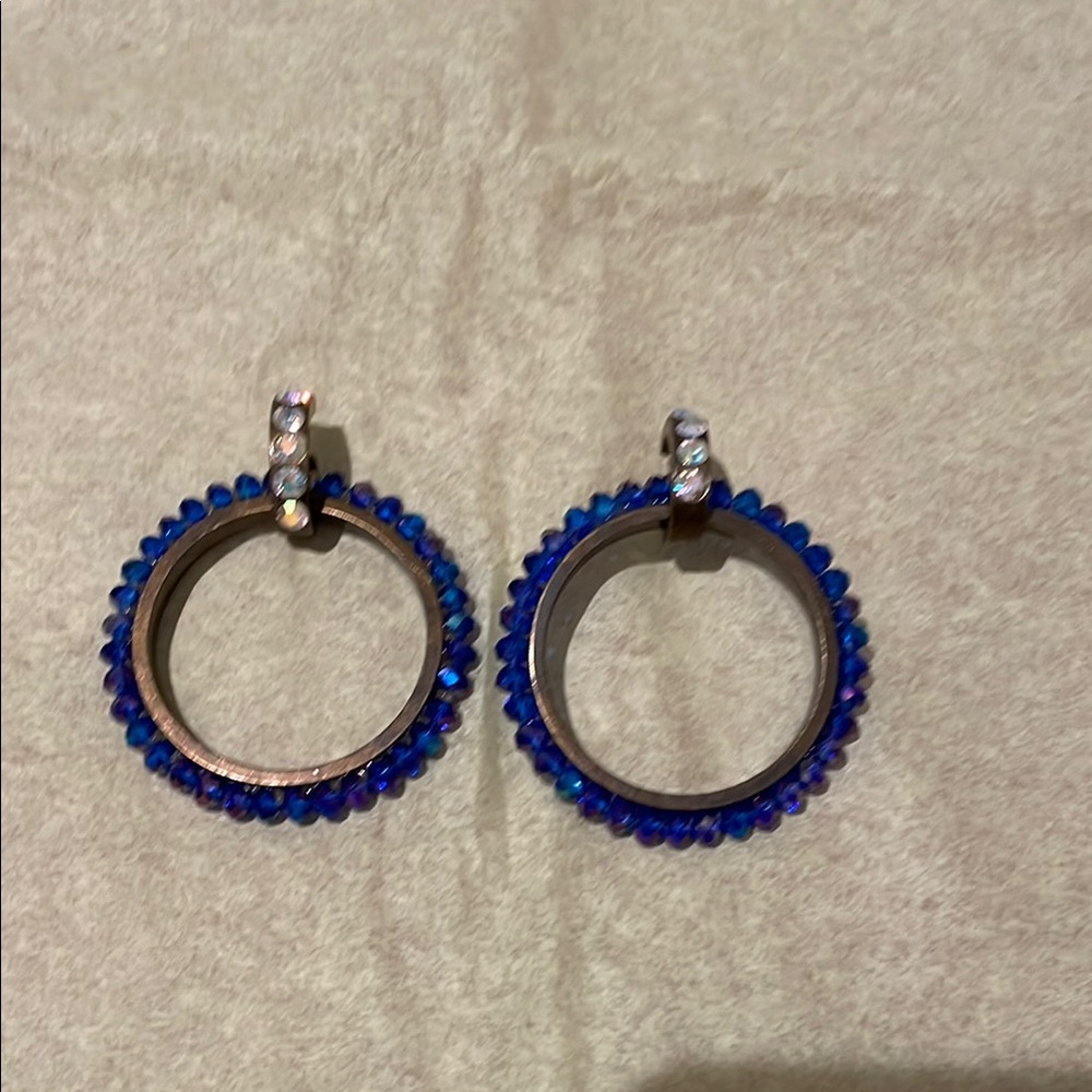 Blue and Silver Beaded Hoop Earrings